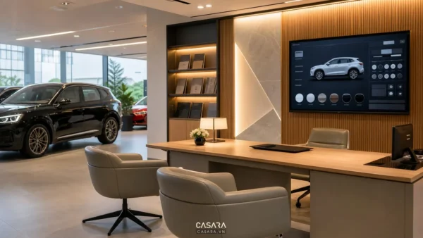 khu tư vấn showroom xe hơi với màn hình cấu hình xe và ghế ngồi