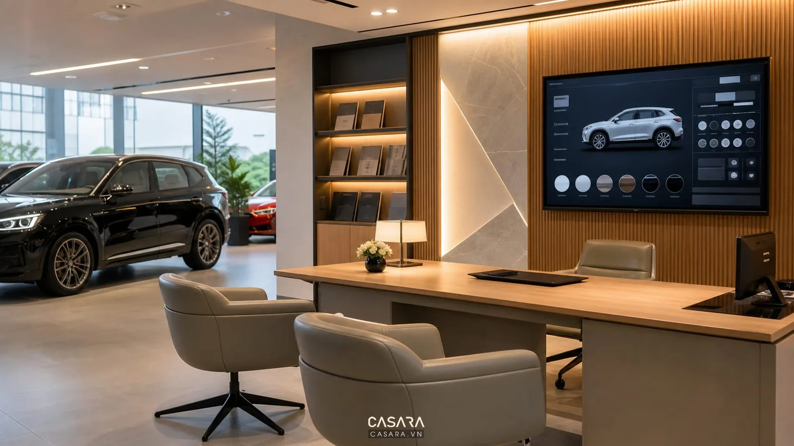 khu tư vấn showroom xe hơi với màn hình cấu hình xe và ghế ngồi