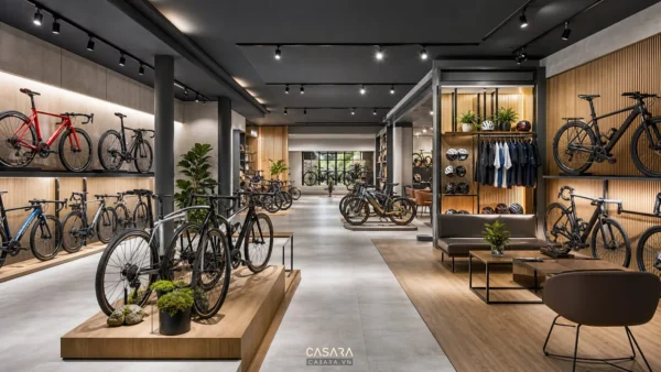showroom xe đạp hiện đại có xe đạp trưng bày trên giá treo tường và lối đi rộng
