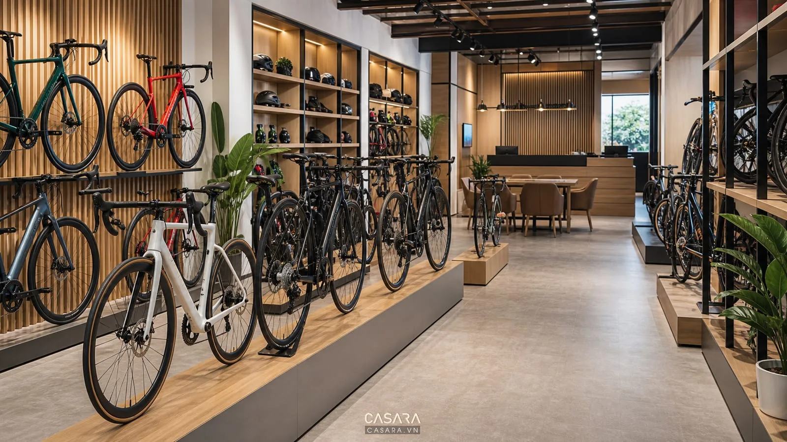 mặt bằng showroom xe đạp có đảo trưng bày thấp giá treo tường lối đi thoáng và khu tư vấn