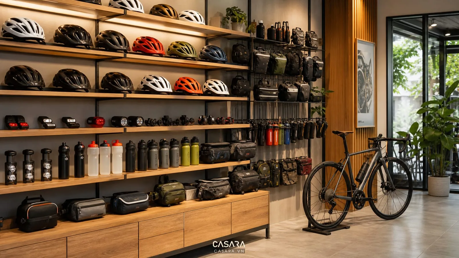 kệ phụ kiện showroom xe đạp có mũ bảo hiểm đèn xe bình nước túi xe và xe đạp bên cạnh