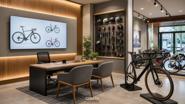khu tư vấn showroom xe đạp có bàn ghế màn hình mẫu xe đạp bảng phụ kiện và xe đạp gần khu trao đổi