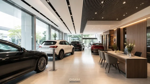 Showroom xe hơi rộng thoáng với nhiều ô tô trưng bày và bàn tư vấn bên phải
