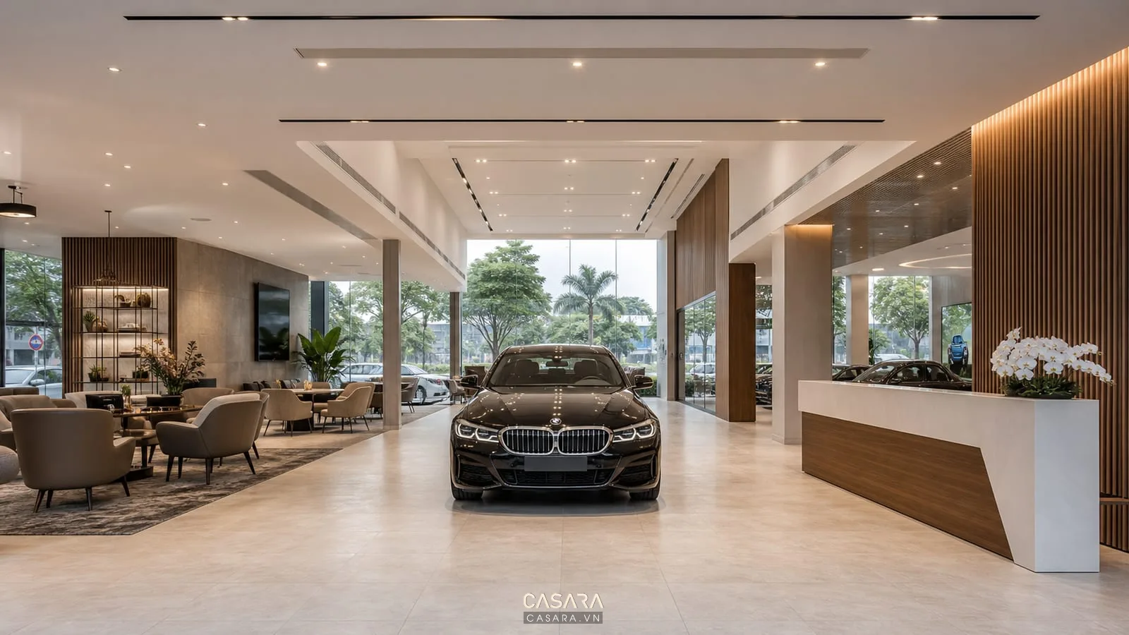 Bố cục showroom ô tô với xe trưng bày, lối đi và khu tư vấn