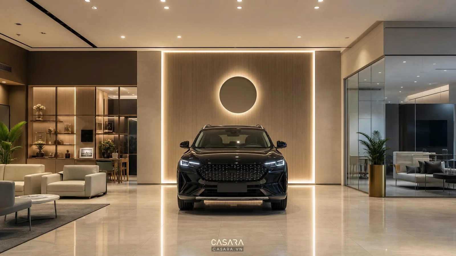 Khu bàn giao xe ô tô trong showroom với đèn chiếu và logo thương hiệu