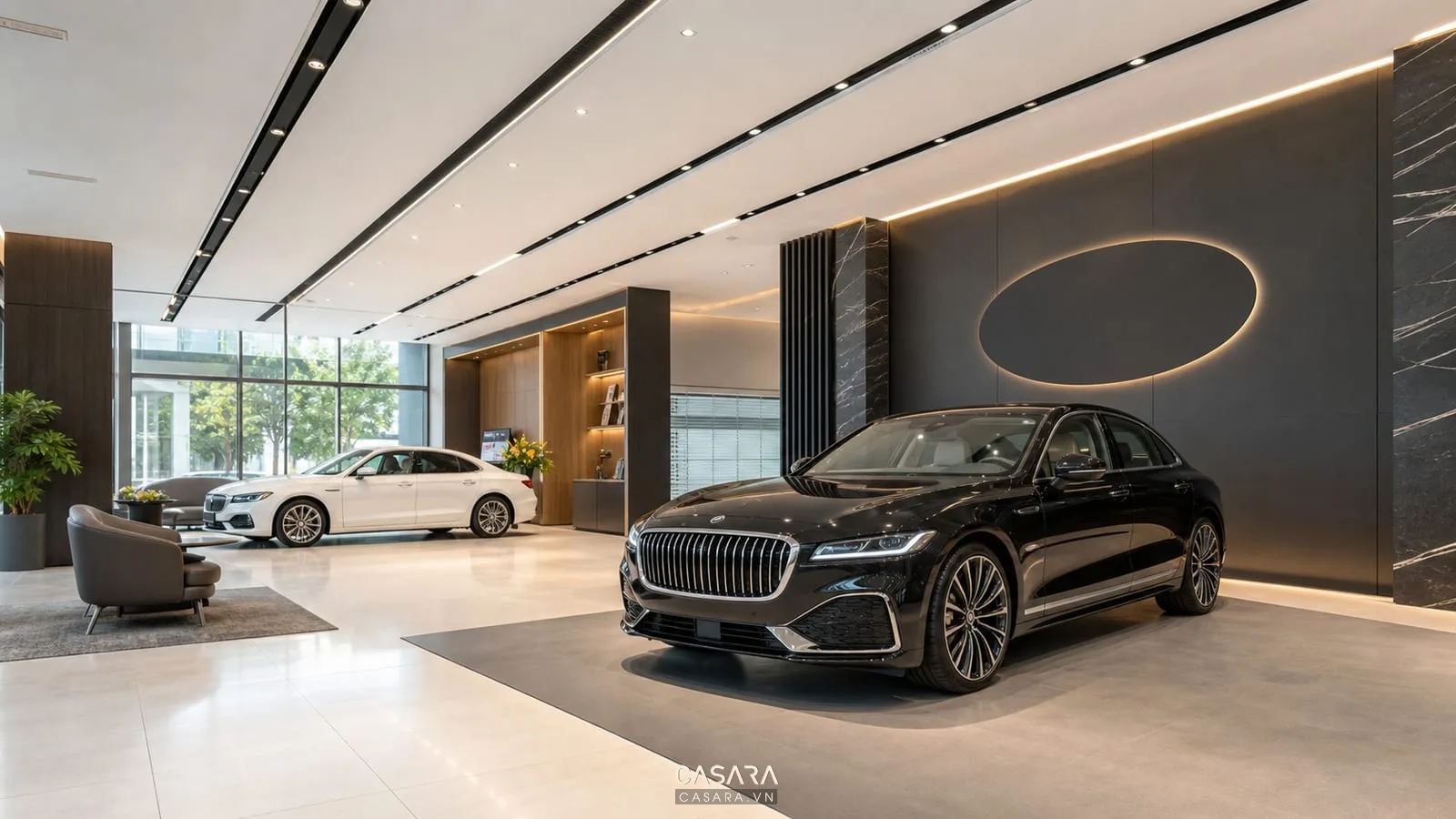 Showroom ô tô với xe trưng bày, đèn trần, sàn sáng và vách logo