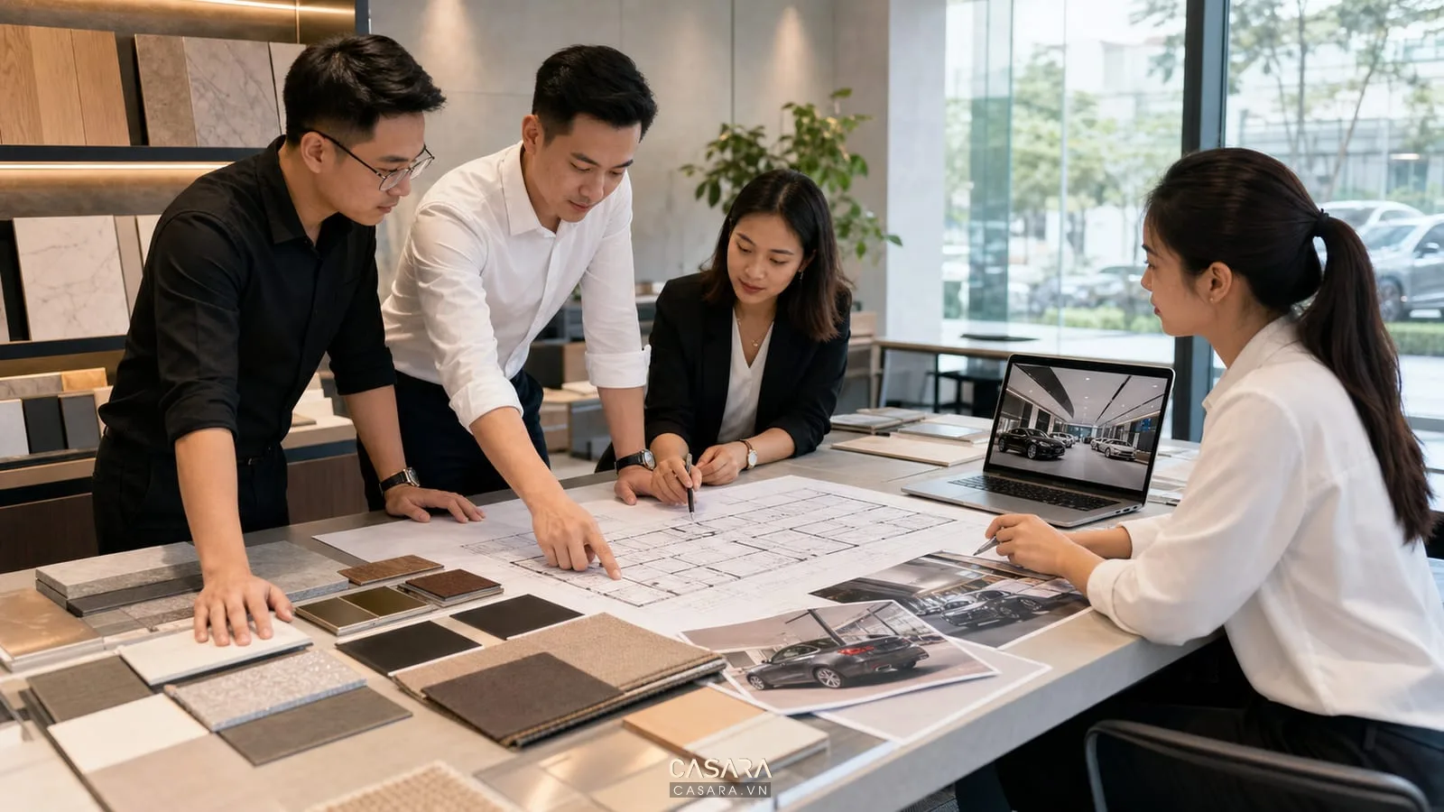 Tư vấn thiết kế showroom ô tô với bản vẽ, phối cảnh 3D và mẫu vật liệu