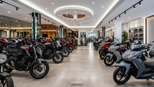 thiết kế showroom xe máy hiện đại với nhiều mẫu xe và lối đi rộng