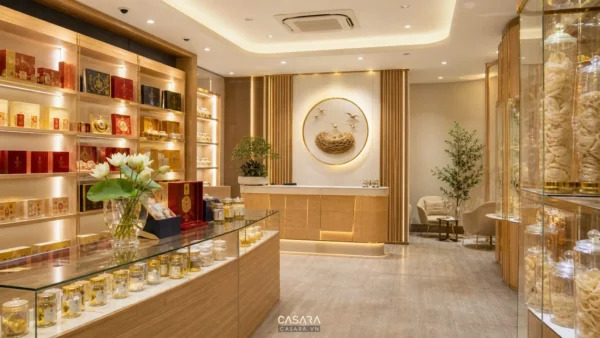 Showroom yến sào có kệ trưng bày sản phẩm, tủ kính và quầy tư vấn sáng đèn