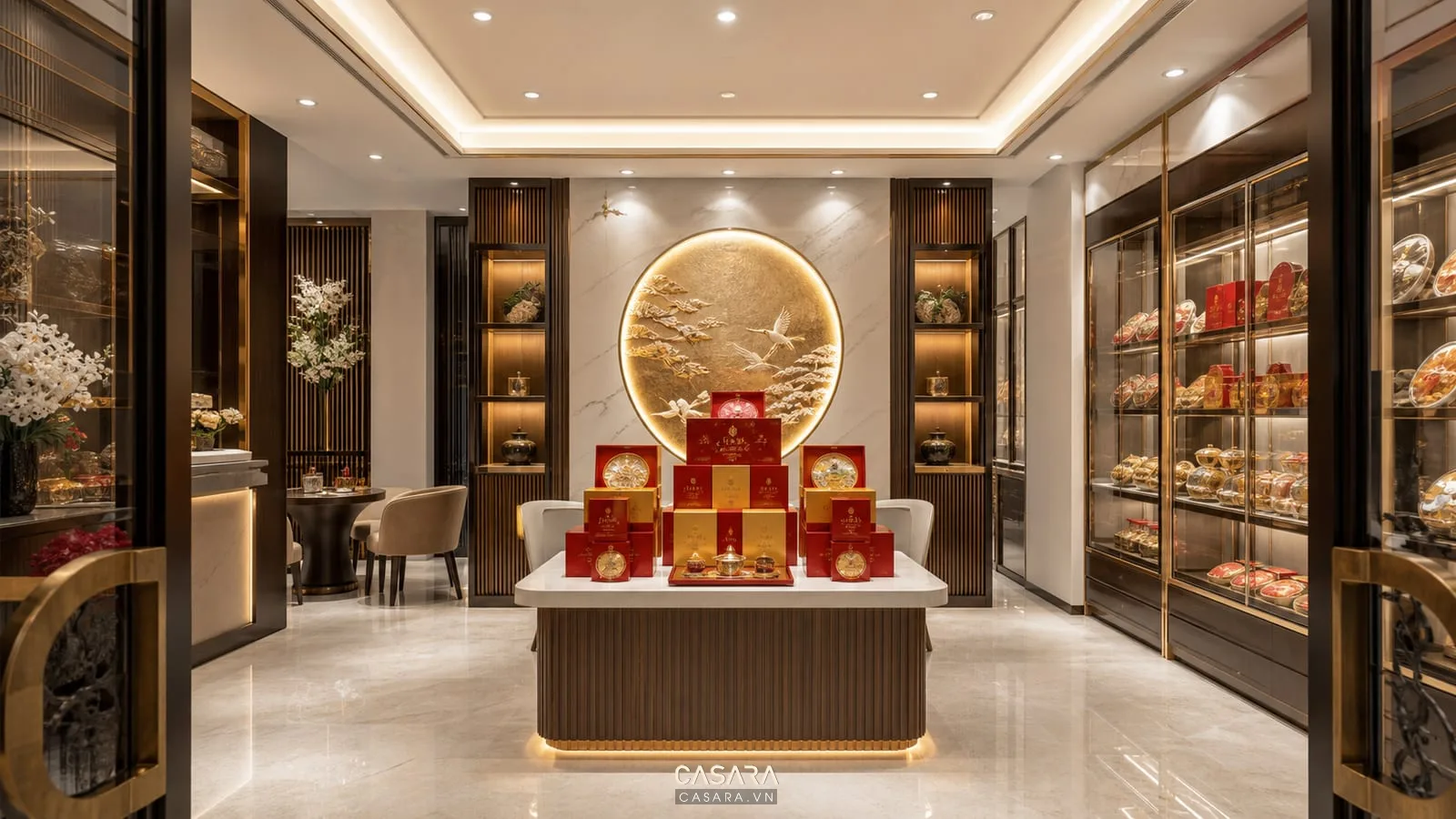 showroom yến sào có vách thương hiệu hộp quà yến sào tủ kính tổ yến và lối vào thoáng