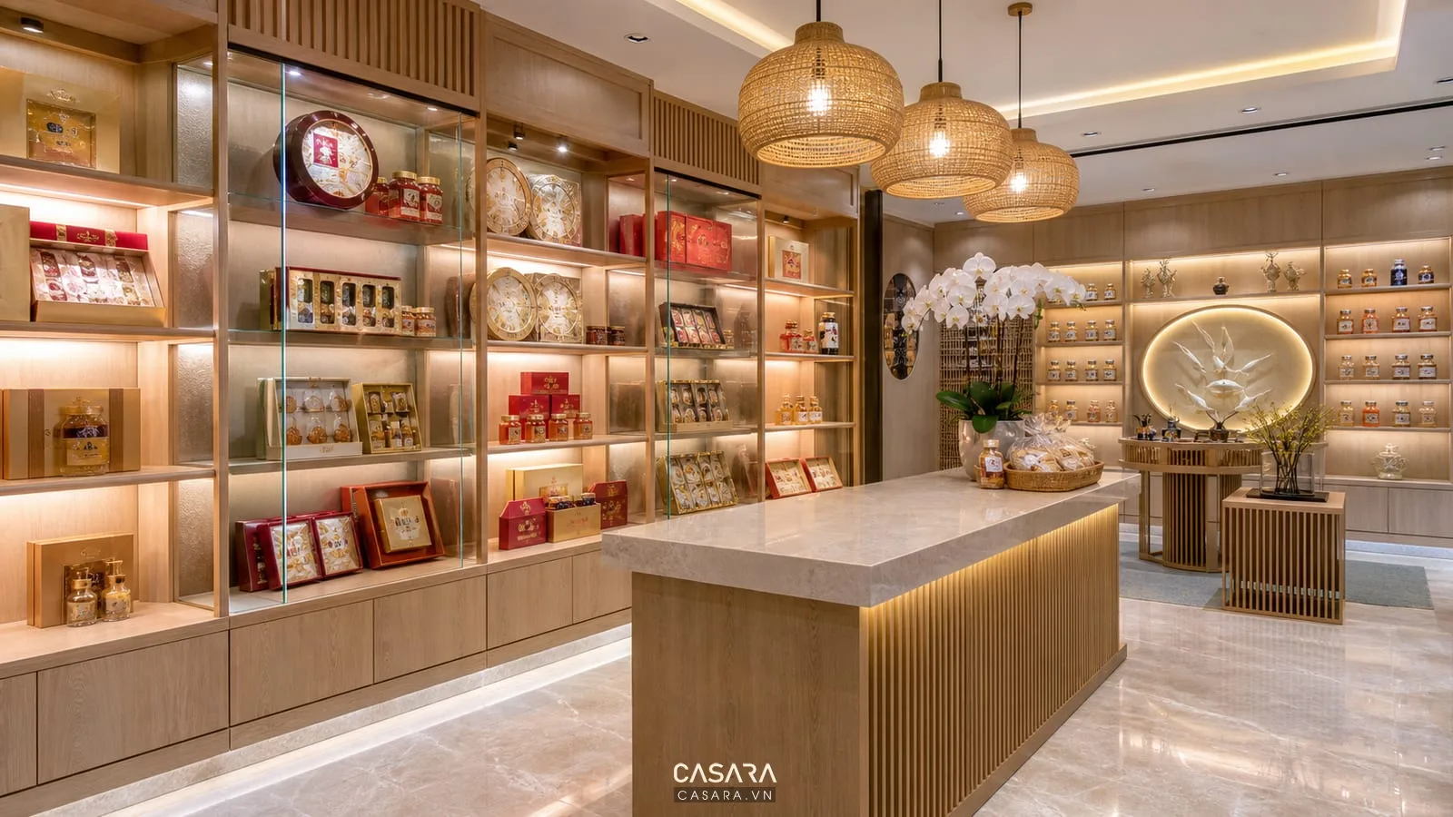 kệ showroom yến sào gỗ sáng kính trong hộp quà yến sào lọ yến chưng và quầy đá trung tính
