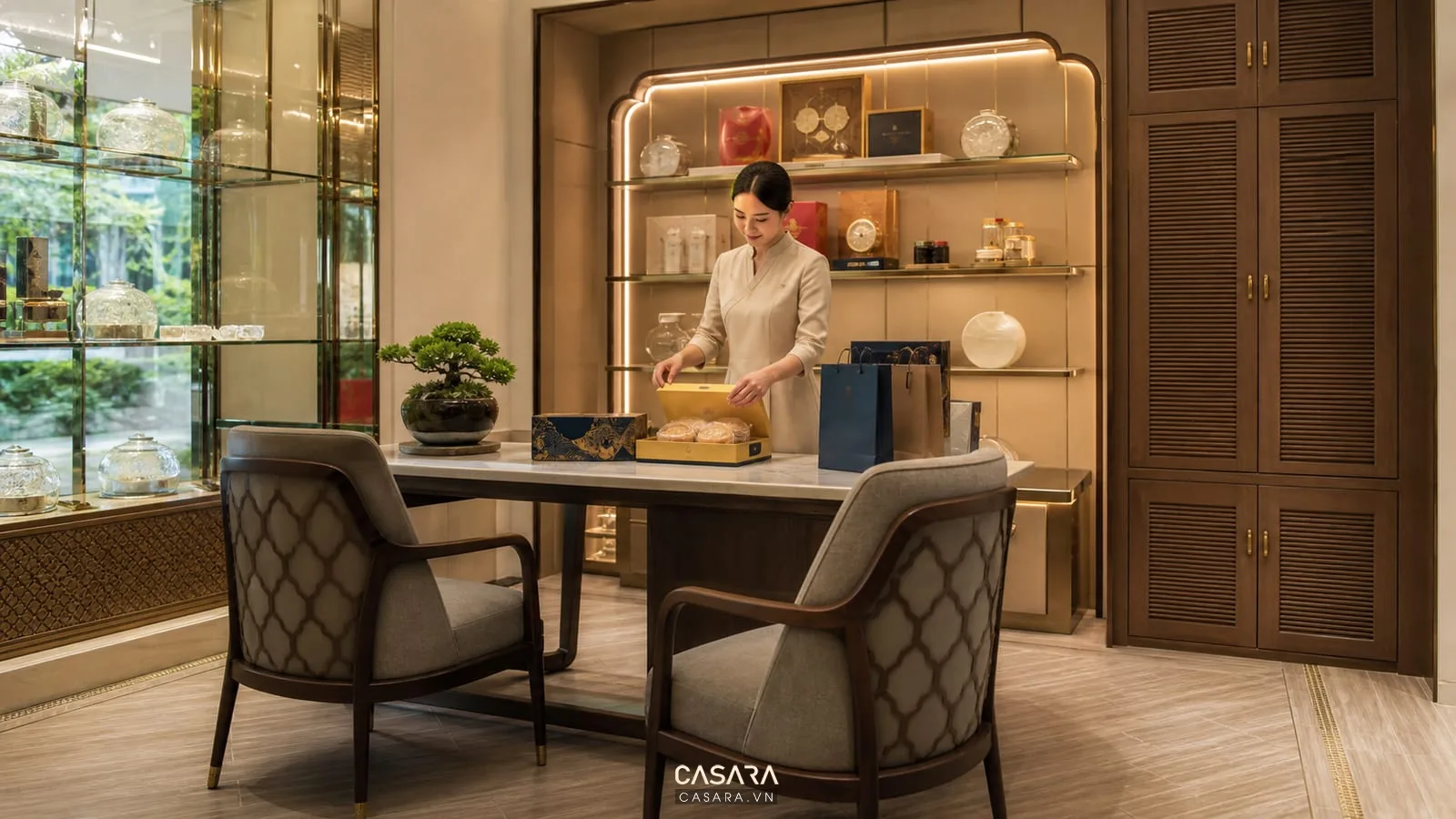 khu tư vấn đóng gói showroom yến sào với bàn tư vấn hộp quà yến sào túi quà và tủ lưu trữ