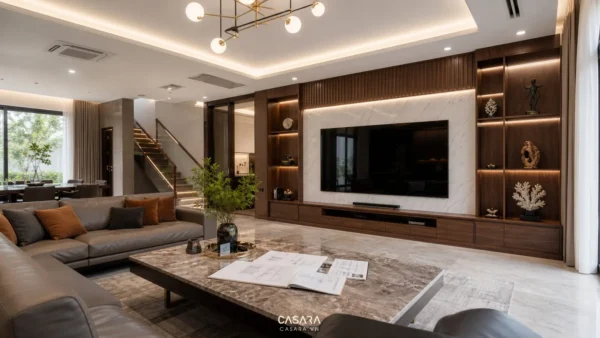 phòng khách biệt thự cao cấp với sofa vách gỗ bàn trà đá và bản vẽ thiết kế