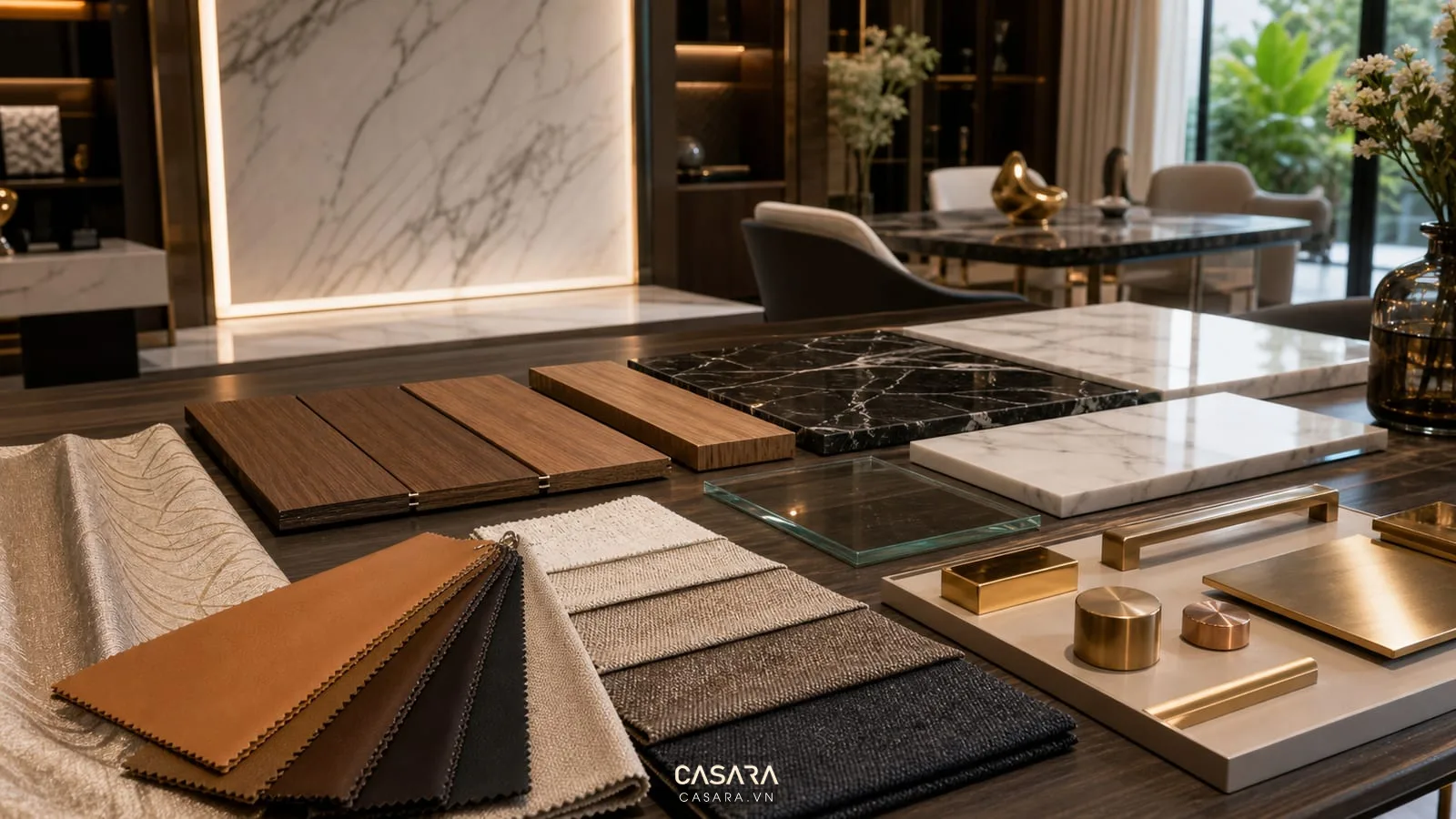 mẫu vật liệu nội thất biệt thự cao cấp gồm gỗ veneer đá marble da vải kính và kim loại