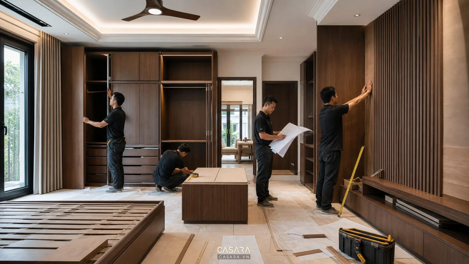 đội thi công nội thất biệt thự cao cấp lắp tủ âm tường và vách ốp gỗ theo bản vẽ
