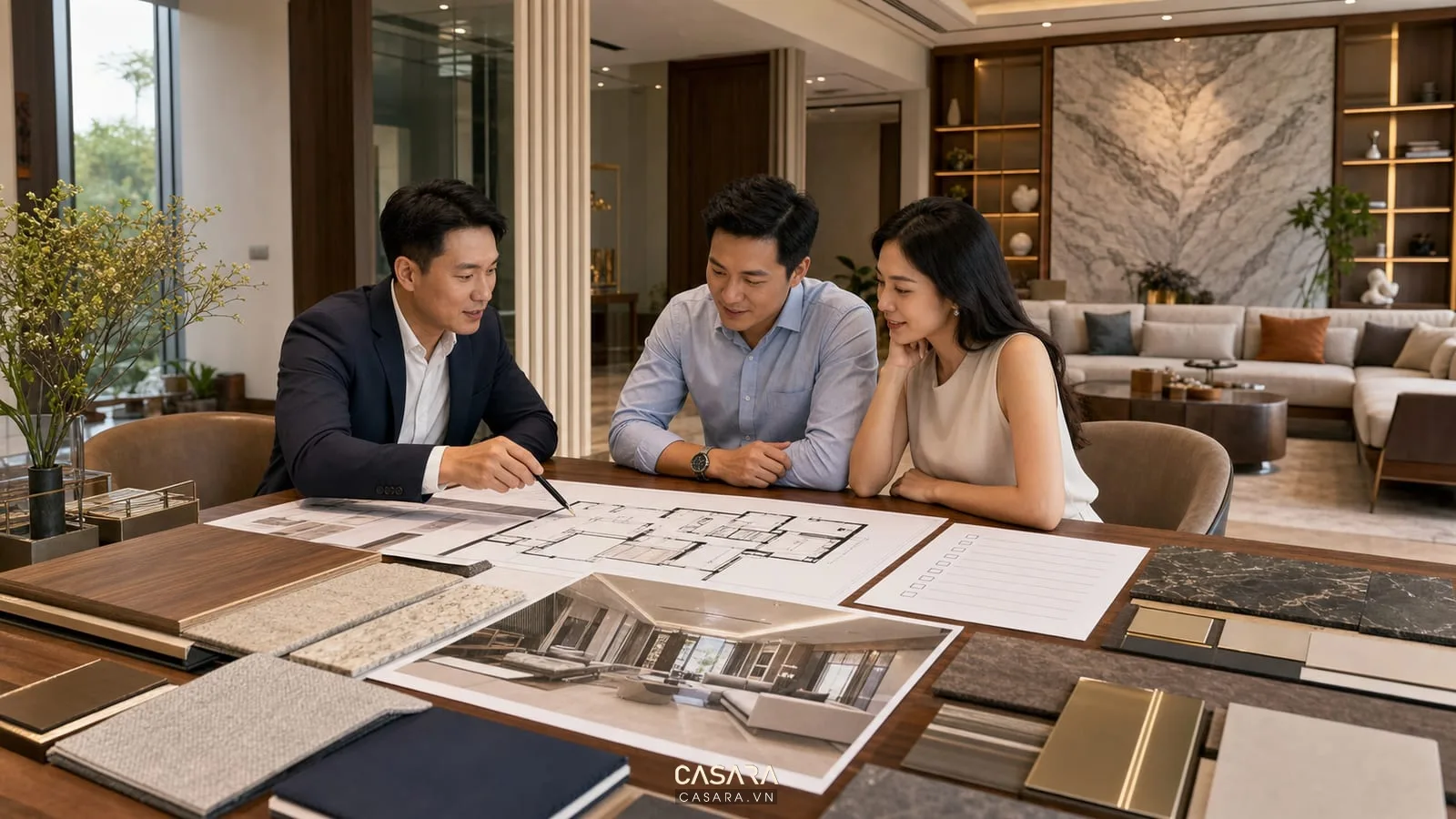 kiến trúc sư tư vấn gia chủ biệt thự cao cấp với bản vẽ phối cảnh vật liệu và danh sách nghiệm thu