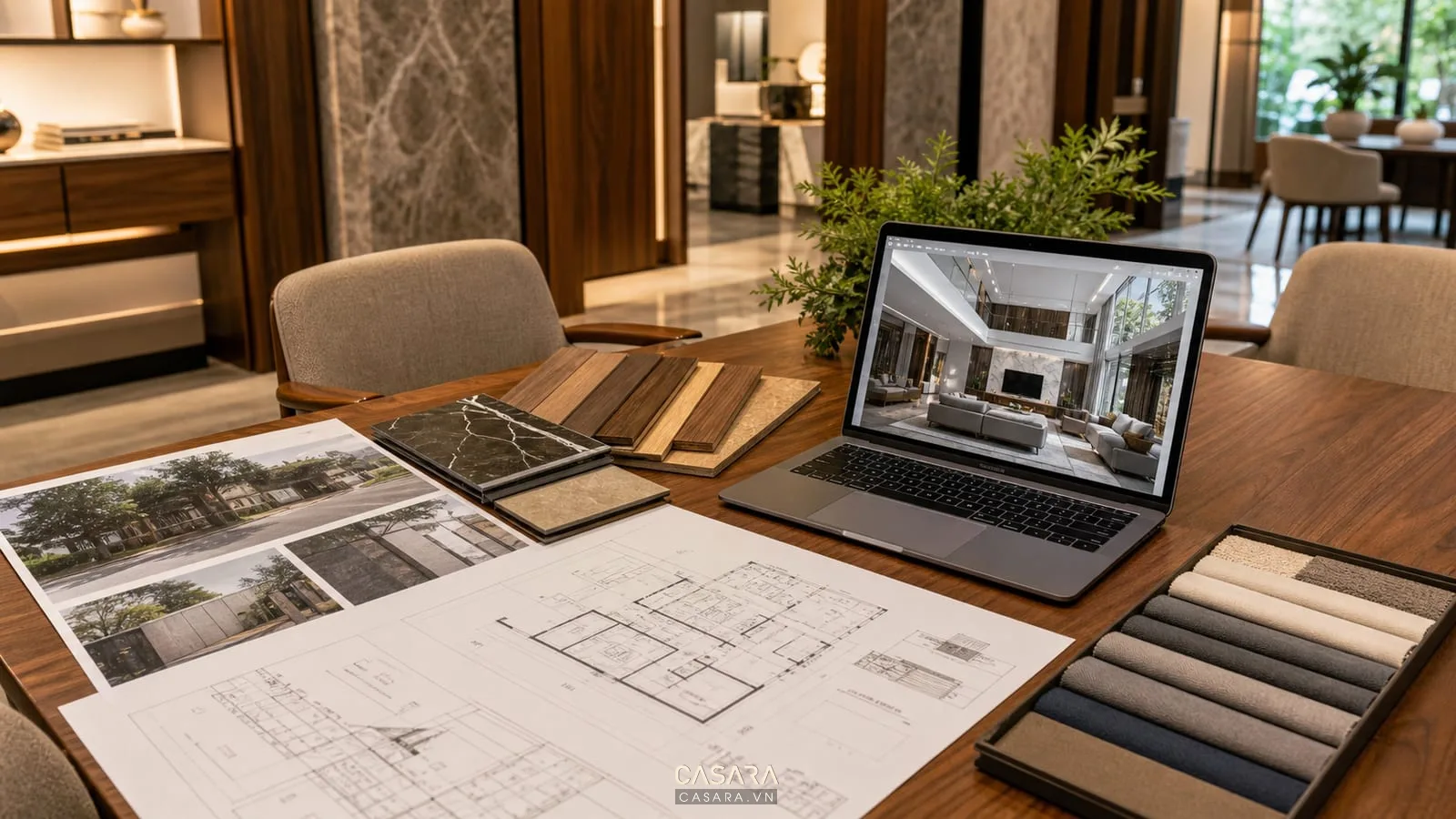 Bàn tư vấn thiết kế thi công biệt thự với bản vẽ và mẫu vật liệu