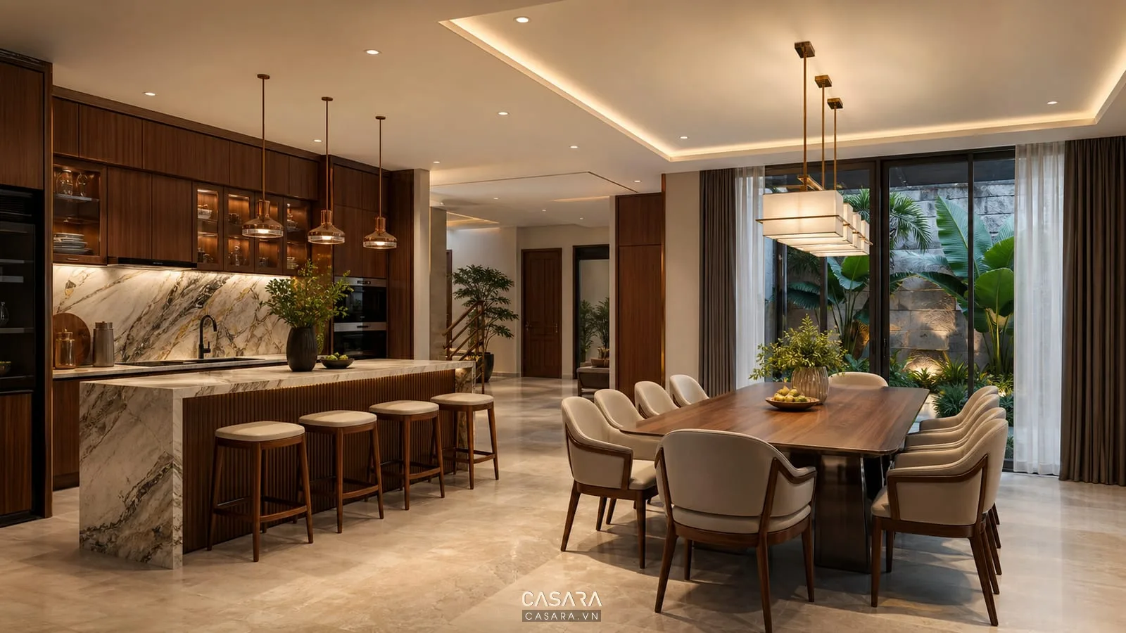 Phối cảnh nội thất biệt thự hiện đại với bếp đảo, tủ gỗ và bàn ăn sang trọng