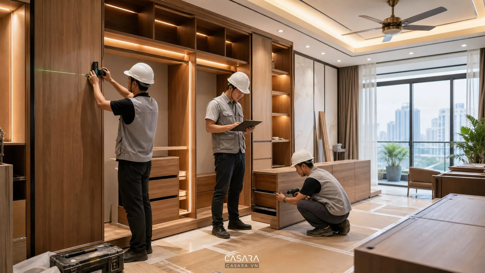 Thi công nội thất biệt thự cao cấp với thợ lắp tủ gỗ và kiểm tra bản vẽ tại công trình