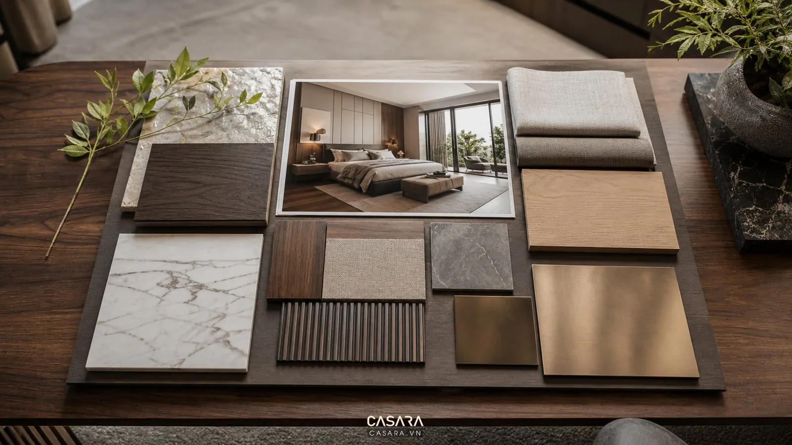 Moodboard thiết kế biệt thự TPHCM với mẫu gỗ, đá marble, vải sofa và ảnh phòng ngủ master