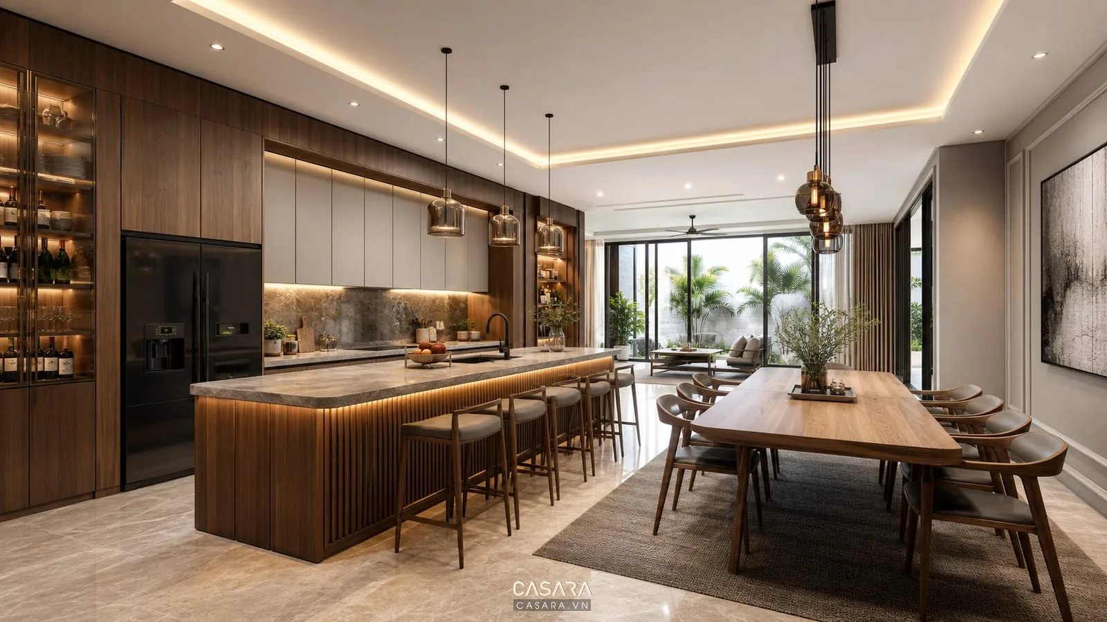 phối cảnh 3D biệt thự hiện đại với bếp và phòng ăn sang trọng