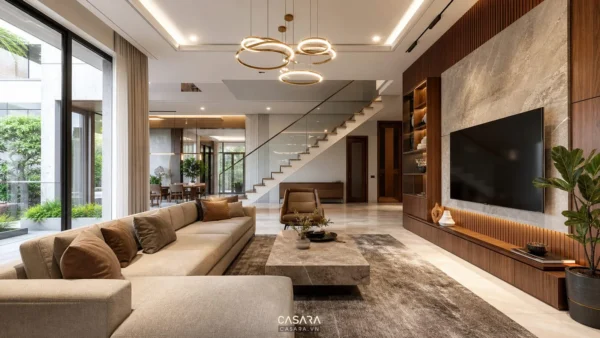 Phòng khách biệt thự cao cấp với sofa, bàn trà đá, vách gỗ và ánh sáng tự nhiên