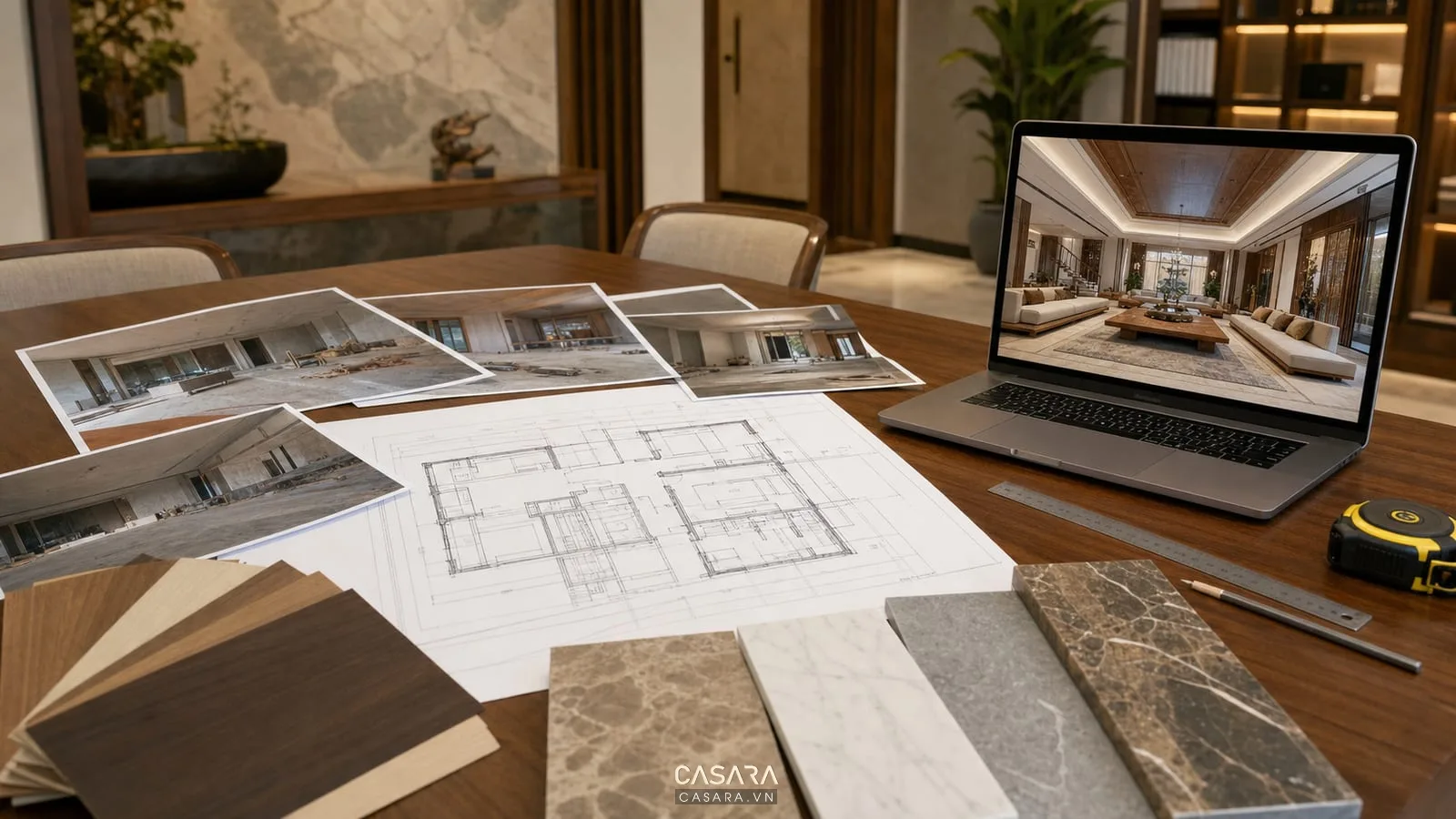 Bàn tư vấn thiết kế biệt thự với bản vẽ, ảnh hiện trạng, mẫu gỗ và mẫu đá
