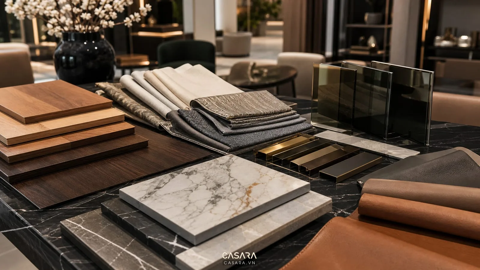 Mẫu vật liệu nội thất biệt thự cao cấp với gỗ, đá marble, da, vải và nẹp kim loại