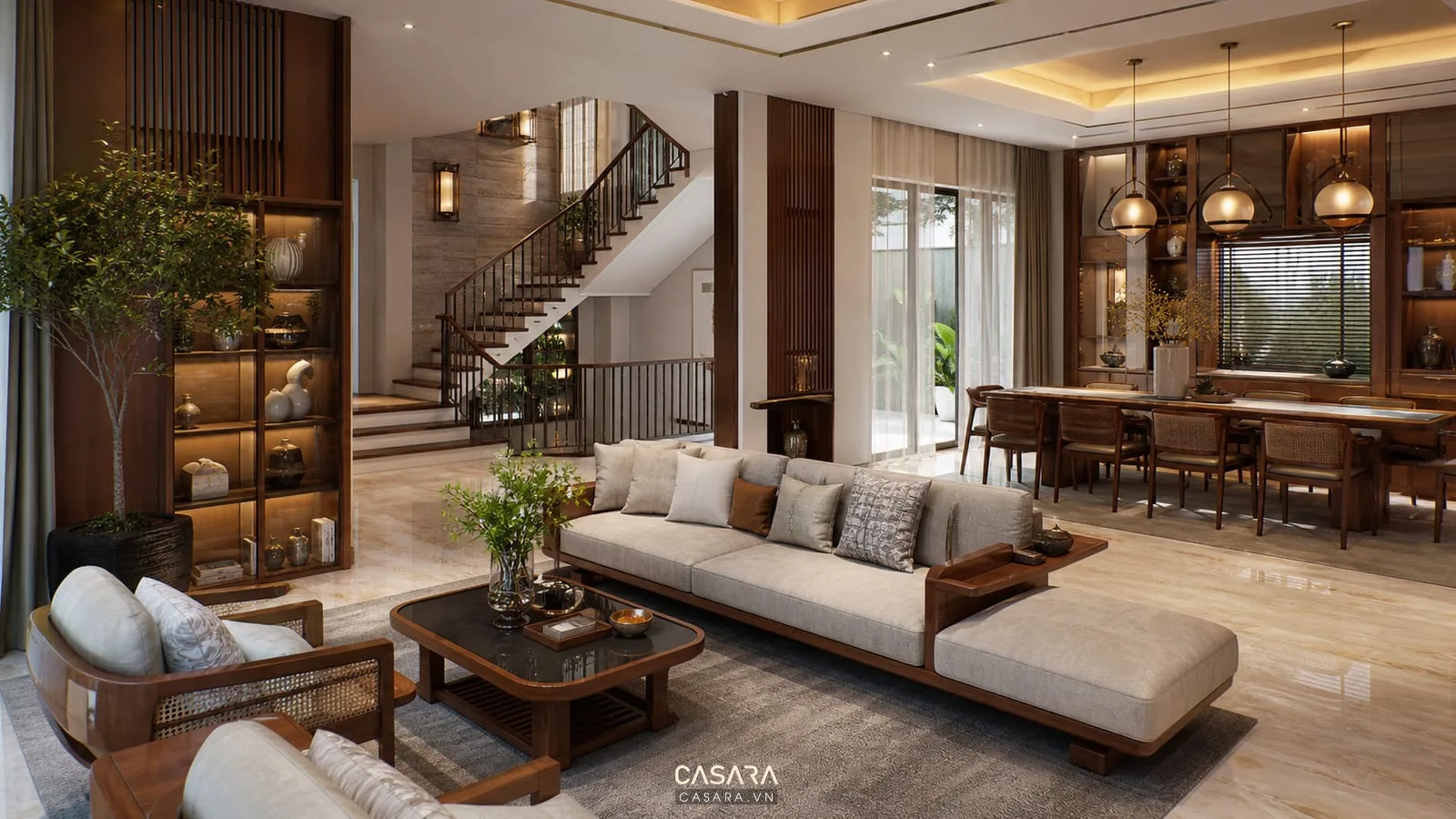 Biệt thự cao cấp hoàn thiện nội thất với phòng khách, bàn ăn, cầu thang và hệ tủ gỗ