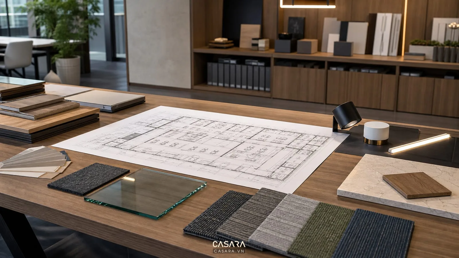 Mặt bằng thiết kế nội thất văn phòng 300m2 cùng mẫu vật liệu hoàn thiện