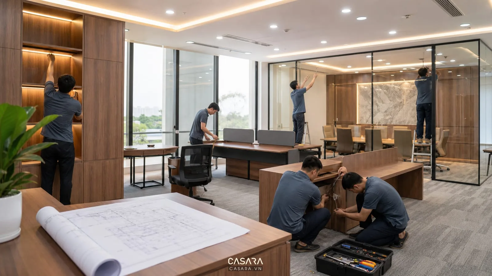 Thi công nội thất văn phòng với bàn làm việc hệ tủ và vách kính phòng họp