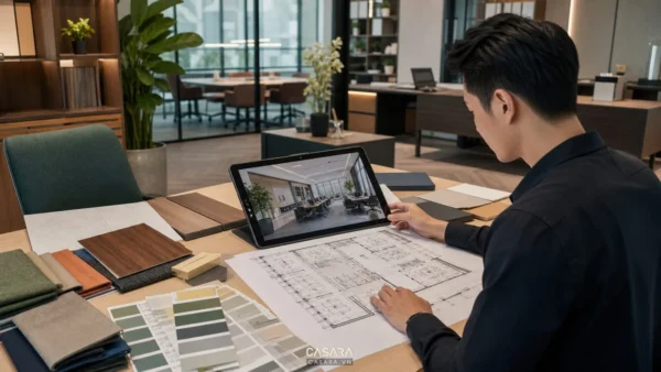 Nhà thiết kế xem phối cảnh 3D, bản vẽ mặt bằng và mẫu vật liệu nội thất văn phòng