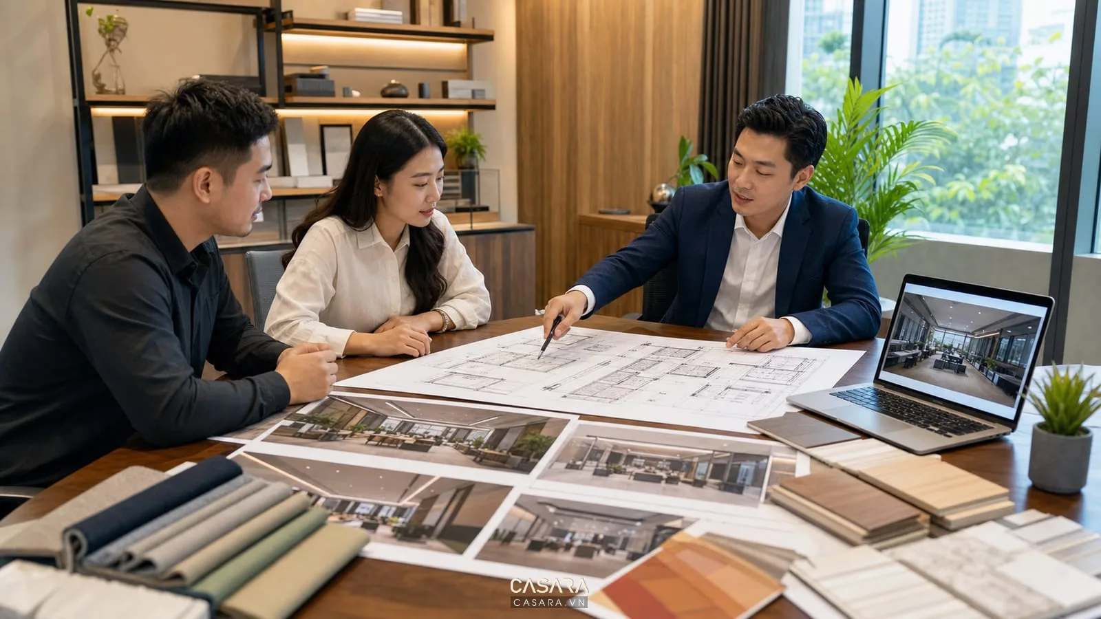 Tư vấn thiết kế và thi công nội thất văn phòng với bản vẽ, phối cảnh và mẫu vật liệu