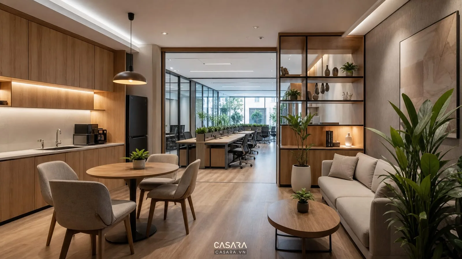Khu pantry và lounge trong thiết kế văn phòng 1 tầng