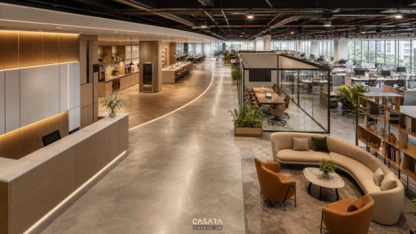Thiết kế văn phòng 1000m2 với mặt bằng rộng, khu làm việc mở, phòng họp kính và lối đi rõ ràng