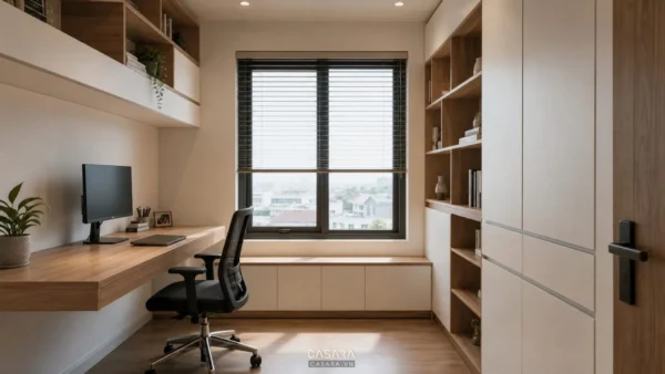 Thiết kế văn phòng 10m2 hiện đại với bàn áp tường và tủ lưu trữ cao