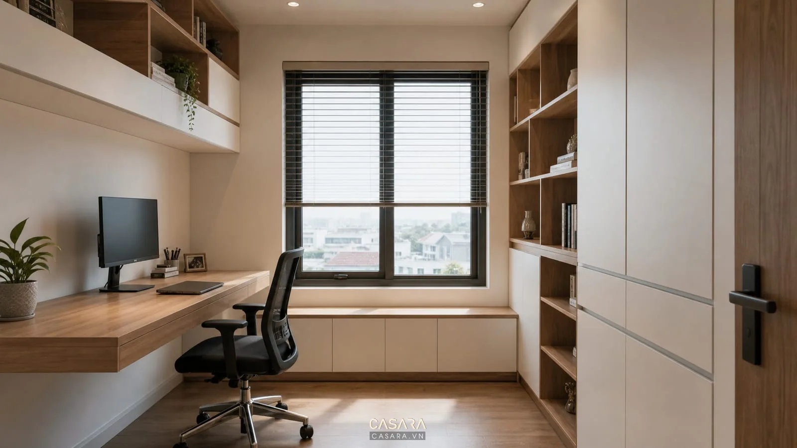 Thiết kế văn phòng 10m2 hiện đại với bàn áp tường và tủ lưu trữ cao