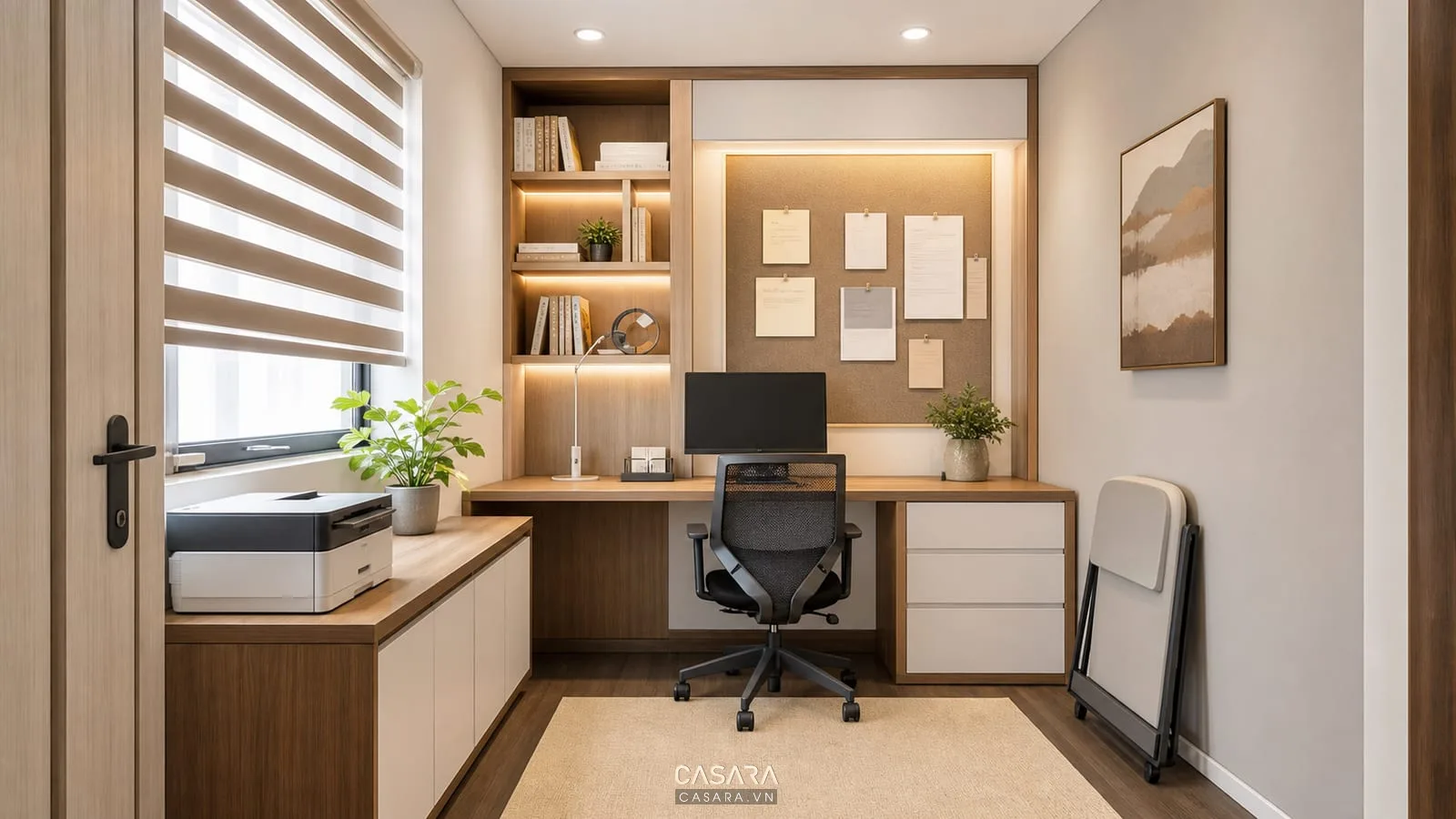 Nội thất văn phòng 10m2 có bàn ngăn kéo ghế xếp gọn và tủ máy in