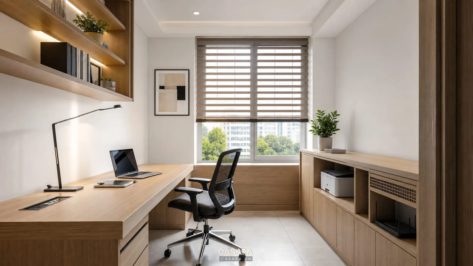 Văn phòng 10m2 có ổ cắm âm bàn dây điện giấu kín và máy in trong tủ thấp