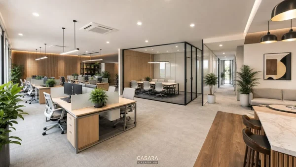Thiết kế văn phòng 120m2 với khu làm việc mở và phòng họp kính