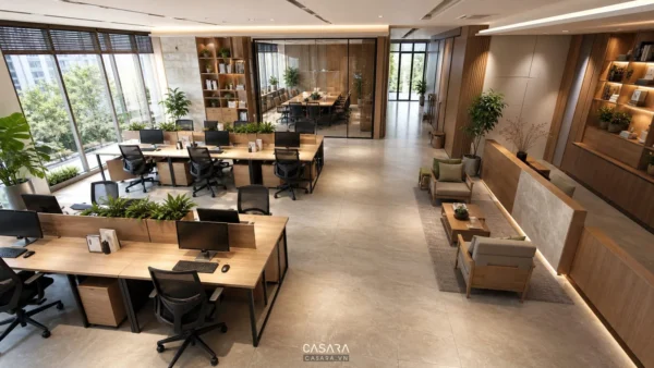 Thiết kế văn phòng 150m2 với khu làm việc mở và phòng họp kính