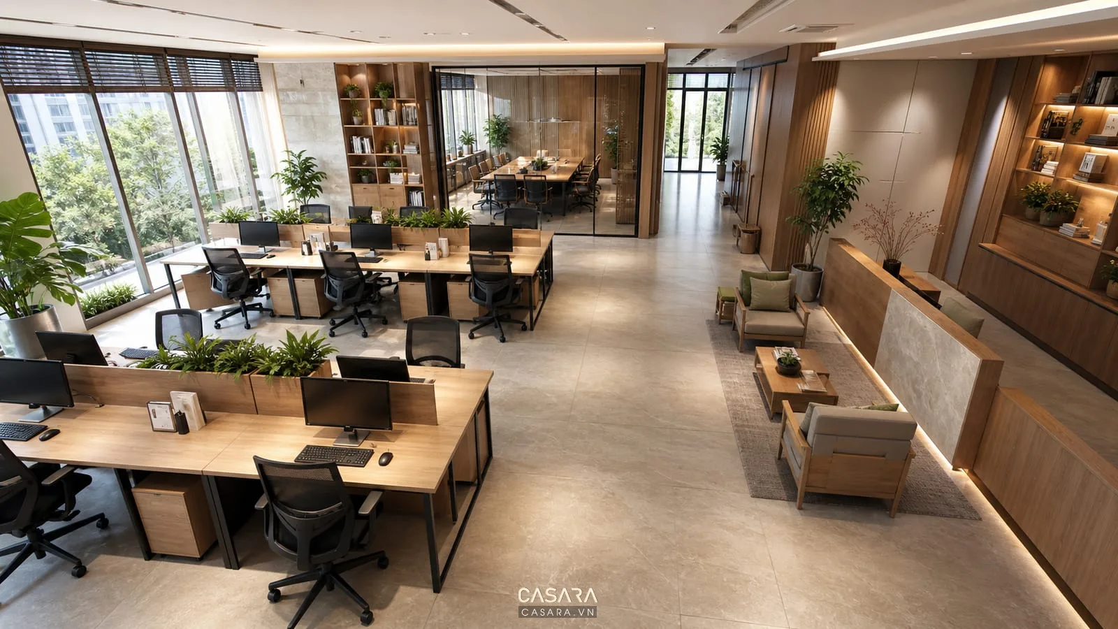 Thiết kế văn phòng 150m2 với khu làm việc mở và phòng họp kính