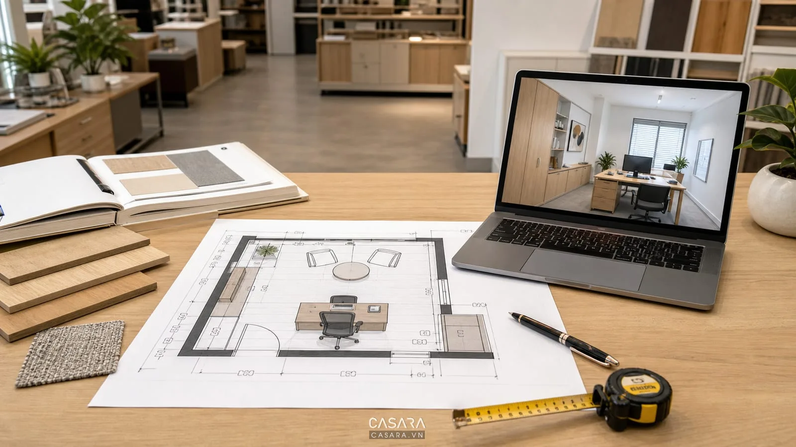 bản vẽ thiết kế văn phòng 15m2 với layout chỗ ngồi, lối đi, ổ điện, tủ hồ sơ, mẫu vật liệu và phối cảnh trên laptop