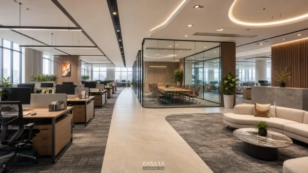 thiết kế văn phòng 200m2 với khu làm việc phòng họp và tiếp khách