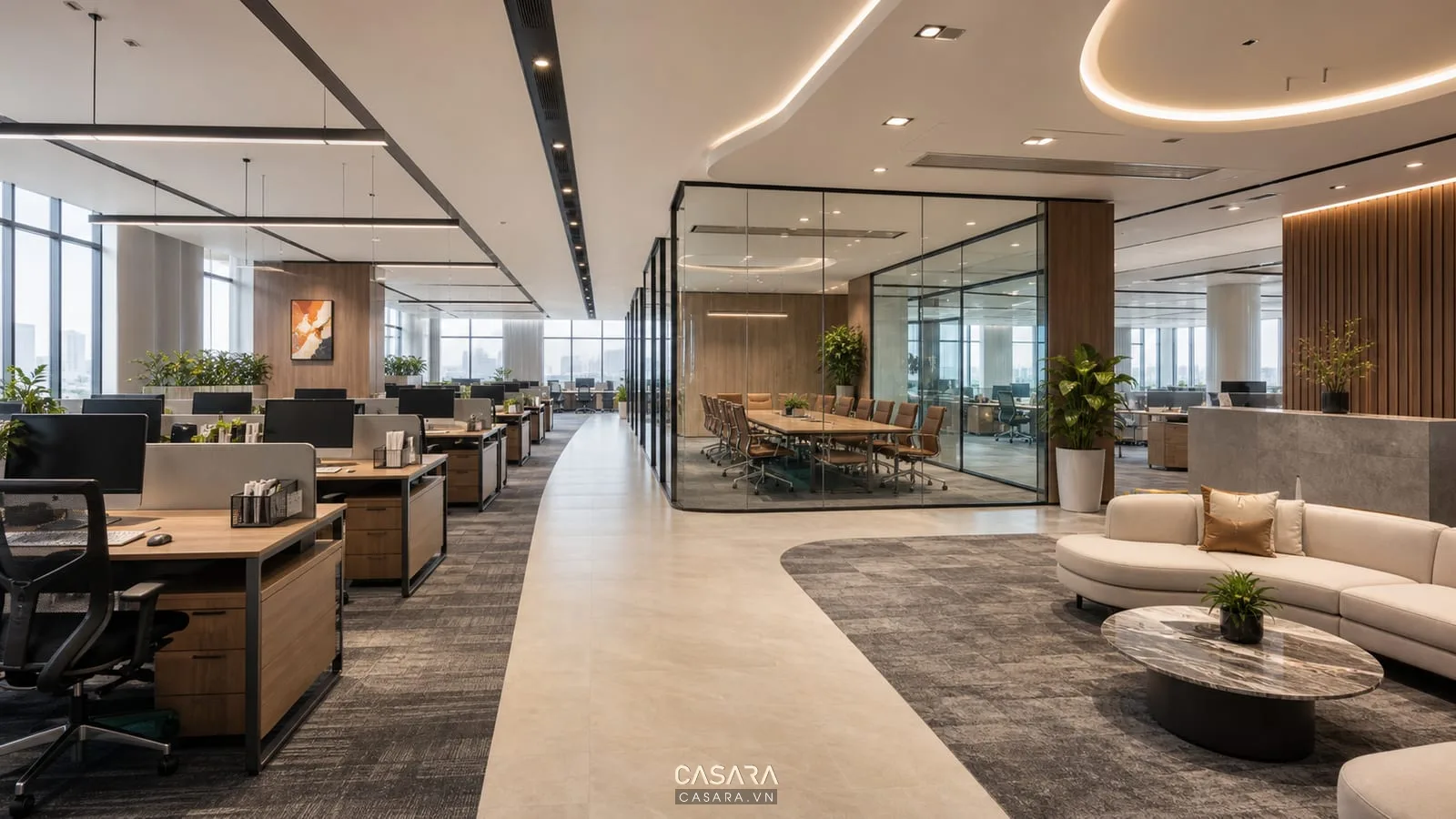 thiết kế văn phòng 200m2 với khu làm việc phòng họp và tiếp khách