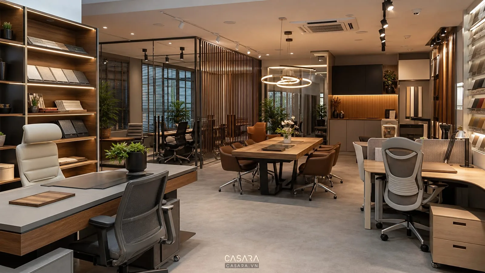 Thiết kế showroom văn phòng 2024 với khu trưng bày, bàn tư vấn và khu làm việc phía sau