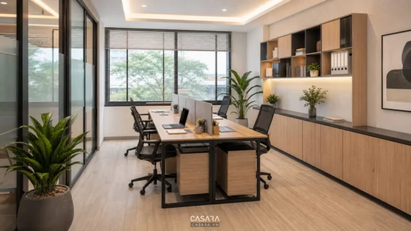 thiết kế văn phòng 20m2 nhỏ gọn với bàn nhóm và tủ thấp