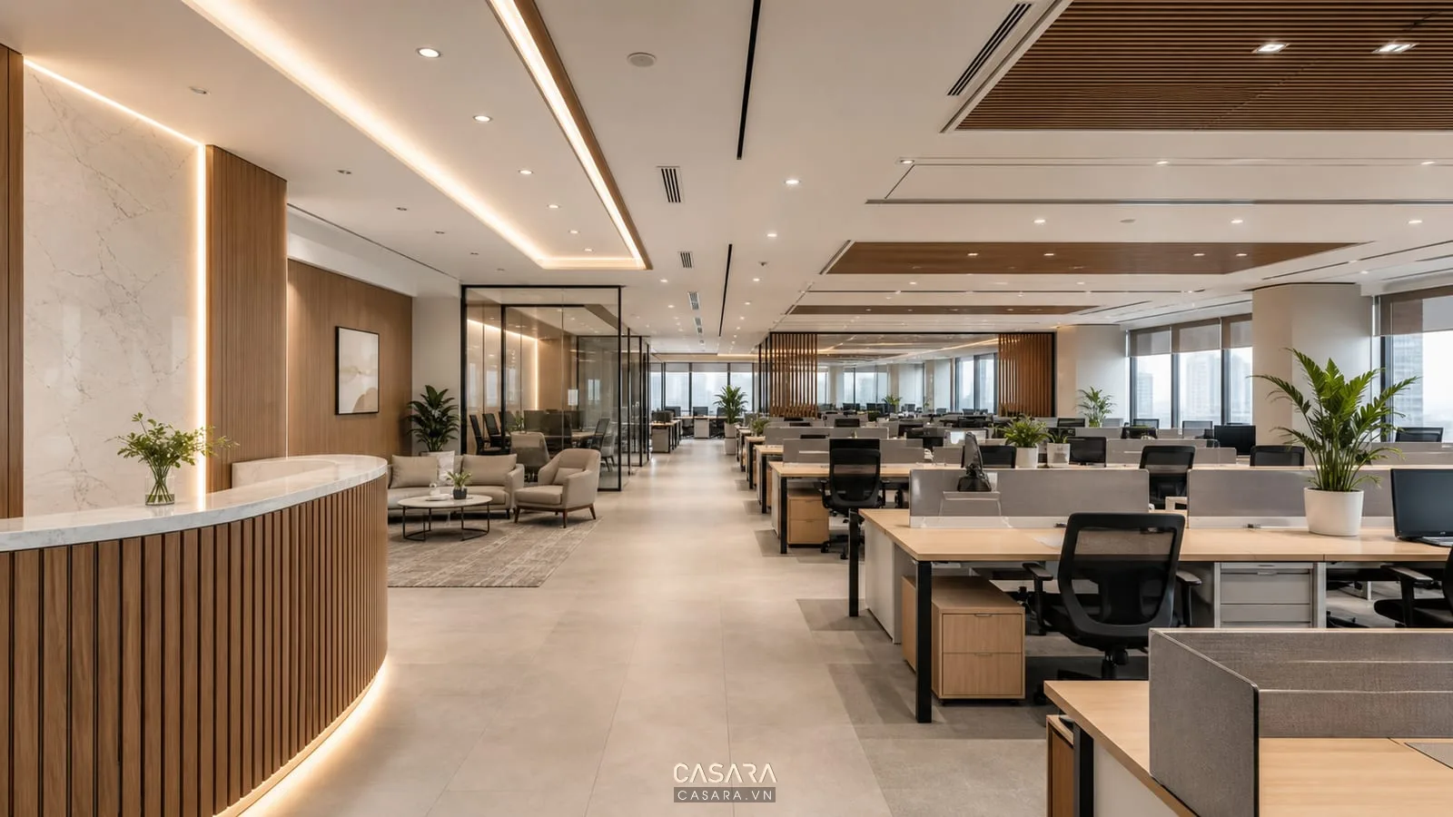 Thiết kế văn phòng 300m2 với khu làm việc mở và phòng họp kính hiện đại