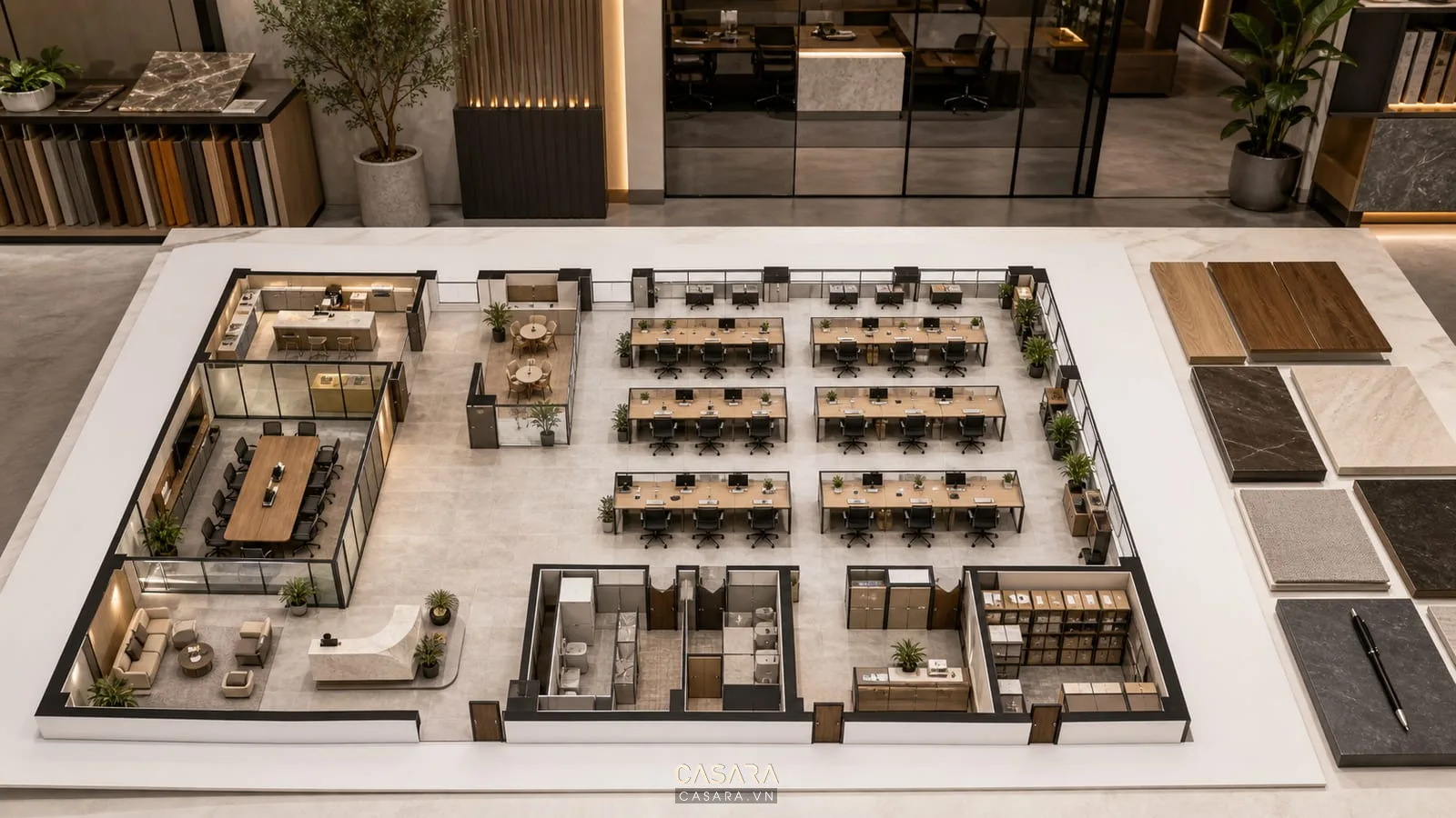 Bản thiết kế văn phòng 300m2 với các khu chức năng và lối đi rõ ràng