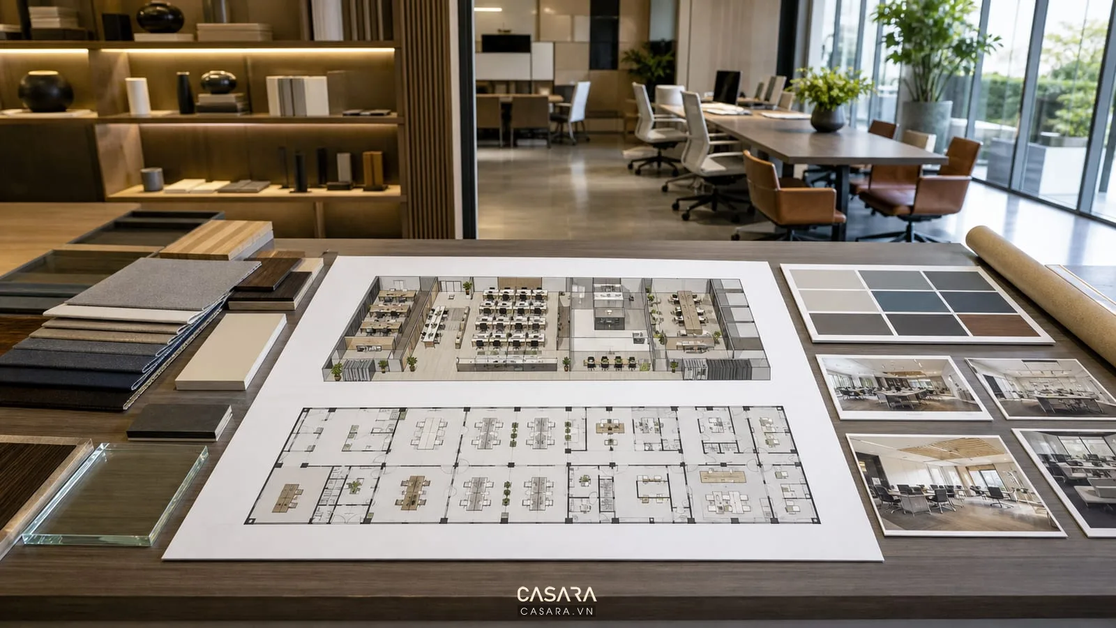 Bản thiết kế văn phòng 300m2 với mặt bằng, phối cảnh và mẫu vật liệu nội thất